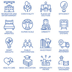 Vector set of thin linear 16 icons related to technology for intelligent urbanism, smart city and urban development. Mono line pictograms and infographics design elements - part 2