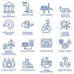 Vector set of thin linear 16 icons related to technology for intelligent urbanism, smart city and urban development. Mono line pictograms and infographics design elements - part 3