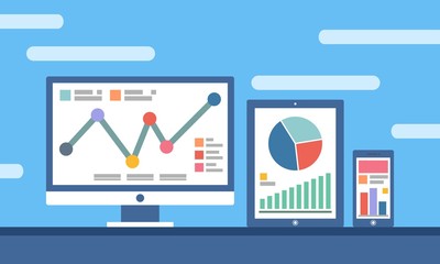 Website and Mobile Analytics Concept for Website Banner and Landing Page in Flat Design Vector Illustration, Isolated on blue background