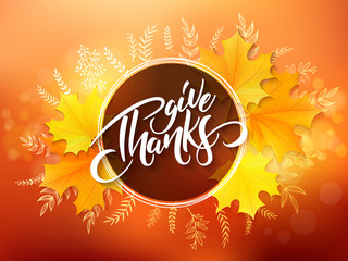 Wall Mural - Vector thanksgiving greeting card with hand lettering label - happy thanksgiving day - and autumn doodle leaves and realistic maple leaves on blurred background