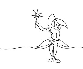 Continuous line drawing of black halloween witch with magic wand. Vector illustration