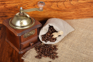 Wall Mural - Old retro, manual grinder for grinding coffee beans with empty space for text