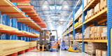 Fototapeta Uliczki - Concept of warehouse. The forklift between rows in the big warehouse. 3d illustration