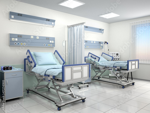 Zdjęcie XXL sala szpitalna z dwoma łóżkami w niebieskich kolorach. 3d ilustracja