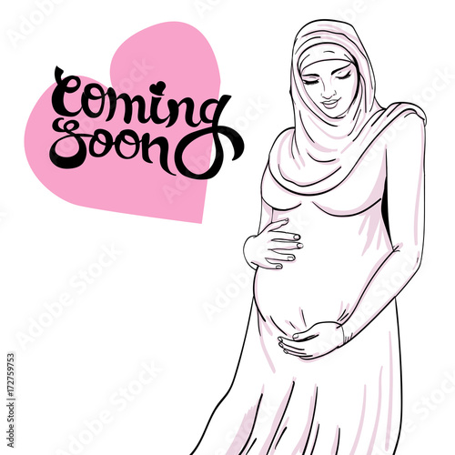 Arabic Muslim Pregnant Woman In Hijab Prepared For Maternity Stock