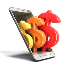 Poster - Touchscreen smartphone with dollar sign. Image with clipping path.