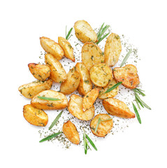 Canvas Print - Delicious baked potatoes with rosemary, isolated on white