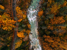 Aerial View Of River And Road On Autumn