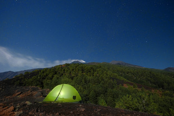 Wall Mural - Stars Scape And Tent On Volcano Etna, Sicily