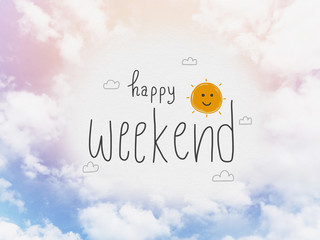 Happy weekend word and cute sun smile cartoon on pink and blue pastel sky and cloud background