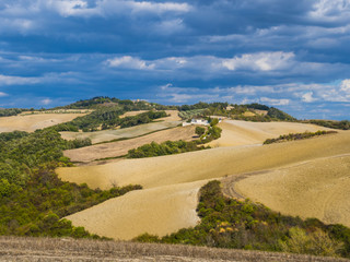 Wide angle view over the landscapes of the Italian Tuscany