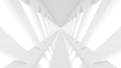  Futuristic empty white corridor with rectangular walls and windows. 3D Rendering.