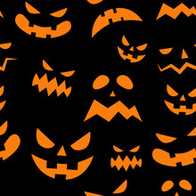 Seamless Pattern With Orange Halloween Pumpkins Carved Faces Silhouettes On Black Background. Can Be Used For Scrapbook Digital Paper, Textile Print, Page Fill. Vector Illustration