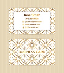 Wall Mural - Two sided business card with golden, metallic decoration on white background.Vector template for business, invitation, wedding, banner , flyer or greeting cards.