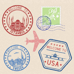 Wall Mural - Decorative colored WELCOME stamps and postal elements