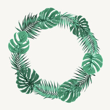 Green Summer Tropical Border Frame Wreath With Exotic Jungle Palm Tree And Mostera Leaves. Isolated Vector Design Element On Light Beige Background. Placeholder For Text.