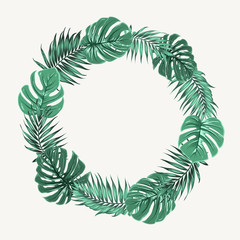 Green summer tropical border frame wreath with exotic jungle palm tree and mostera leaves. Isolated vector design element on light beige background. Placeholder for text.