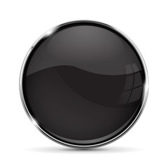 Sticker - Black glass button with metal frame. Round 3d icon