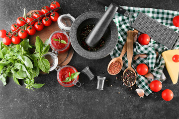 Poster - Composition with tasty tomato sauce for pasta on table