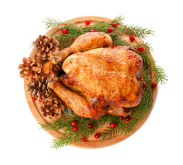 Wall Mural - Wooden board with roasted turkey, cones and fir tree branches on white background