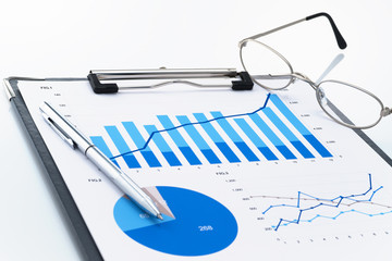 Poster - Reviewing business report. Looking at growth chart. Document, pen and glasses on white background.
 