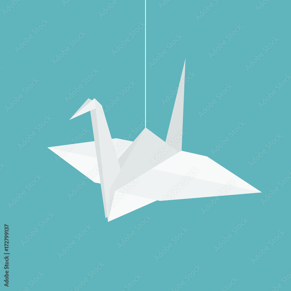 hanging origami paper cranes in flat design vector - obrazy, fototapety, plakaty 