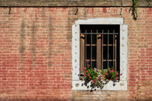 Window With Lattice And Flowers On The Brick Wall.Italy