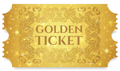 Wall Mural - Gold ticket, golden token (tear-off ticket, coupon) with star magical background. Useful for any festival, party, cinema, event, entertainment show
