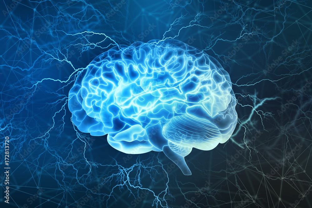 Human brain digital illustration. Electrical activity, flashes and lightning on a blue background. - obrazy, fototapety, plakaty 