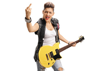 Sticker - Angry punk girl with electric guitar showing her middle finger