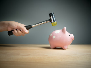 Piggy bank, savings, investments ,currency concept : A hand holding a hammer which is raised above a pink sad piggy bank, with a shocked and apprehensive facial expression.