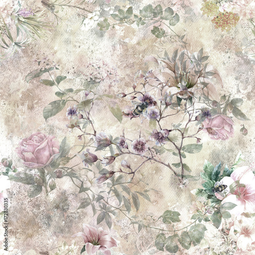 Fototapeta na wymiar Watercolor painting of leaf and flowers, seamless pattern