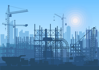 Aufkleber - Tower cranes on construction site. Buildings under construction.