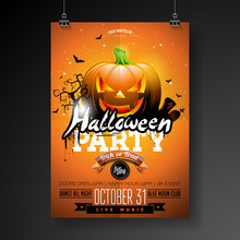 Halloween Party Flyer Vector Illustration With Pumpkin And Cemetery On Orange Sky Background. Holiday Design With Spiders And Bats For Party Invitation, Greeting Card, Banner, Poster.