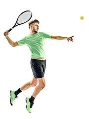 Wall Mural - one caucasian  man playing tennis player isolated on white background