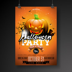 Halloween Party flyer vector illustration with pumpkin and cemetery on orange sky background. Holiday design with spiders and bats for party invitation, greeting card, banner, poster.