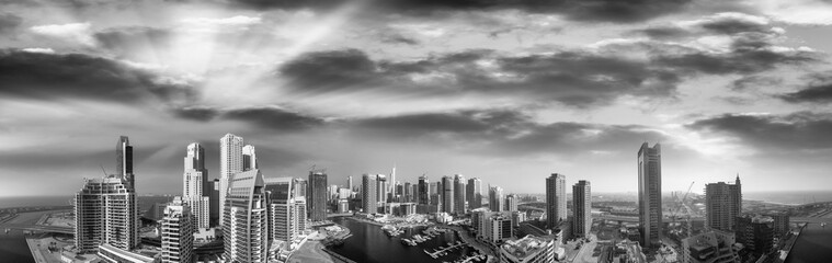 Wall Mural - Aerial panoramic black and white view of Dubai Marina skyscrapers