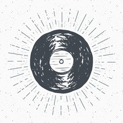 Wall Mural - vinyl record vintage label, hand drawn sketch, grunge textured retro badge, typography design t-shir