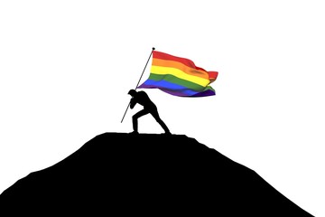 Canvas Print - Gay pride flag being pushed into mountain top by a male silhouette. 3D Rendering