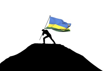 Wall Mural - Rwanda flag being pushed into mountain top by a male silhouette. 3D Rendering