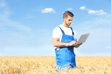 Canvas Print - Young male farmer holding laptop in wheat field