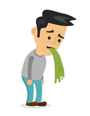 Young man vomiting puking. Vector flat cartoon character illustration icon.Isolated on white background. Vomit, food poisonong, alcohol poisoning concept