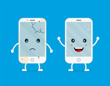 Old Sad Broken Phone With Cracks And Scratches Phone And New Happy Renovated Smiling Clear Phone.Vector Flat Cartoon Illustration Character Icon.Isolated On White Background.Repair Smartphones Concept