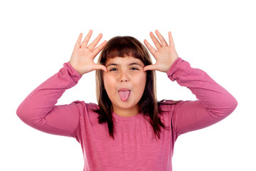 Sticker - Portrait of funny child showing her handsand show tongue