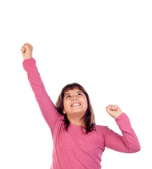 Sticker - Happy child girl with pink t-shirt stretching her arms