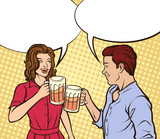 Fototapeta Młodzieżowe - Retro pop art vector illustration of a couple drinking beer. Some elements on separate layers. 