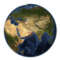 planet earth from space showing arabian peninsula, india, china, africa and europe isolated on white