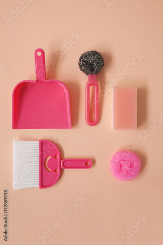 Flatlay Collection Of Pink Household Cleaning Items Arranged On Flatlay Collection Of Pink Household Cleaning Items Arranged On Bacground