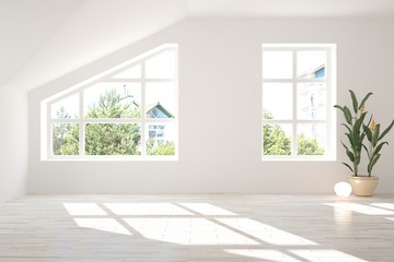 White empty room with summer landscape in window. Scandinavian interior design. 3D illustration