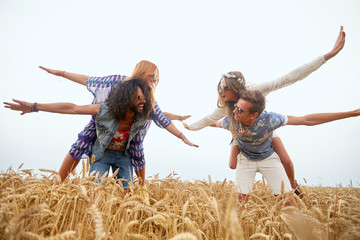 Sticker - happy hippie friends having fun on cereal field